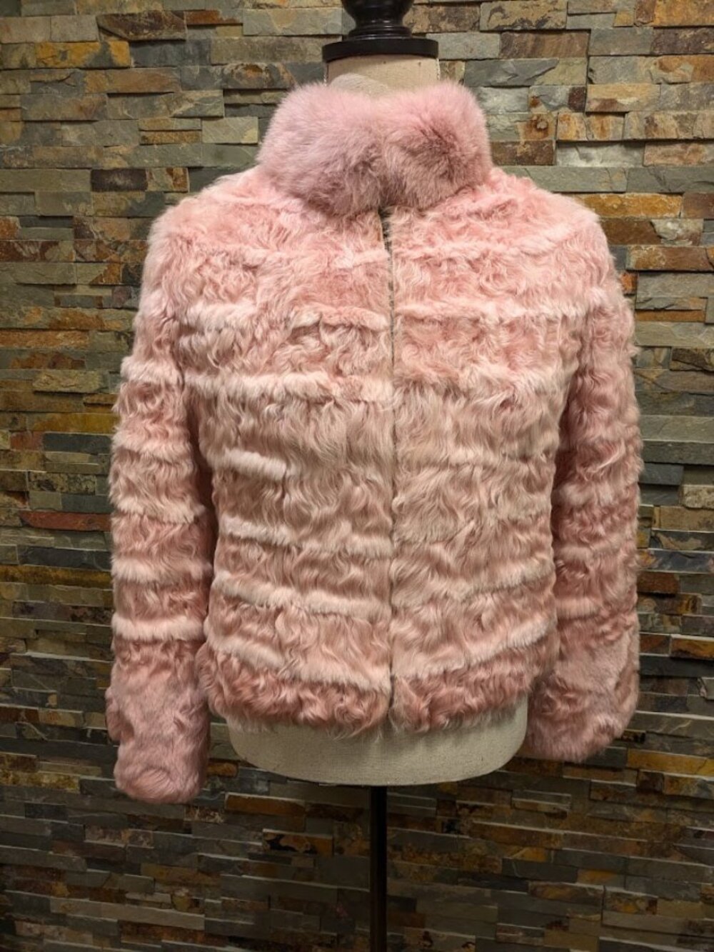 Candy Pink Dyed Curly Lamb, Rex rabbit, and Blue Fox Fur Coat with Inlay Pattern
